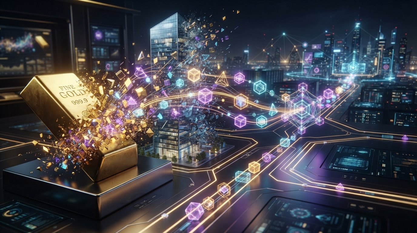 Gold bar and building being tokenized on a blockchain